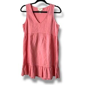 CYNTHIA ROWLEY Linen V-Neck Tiered Ruffle Sleeveless Mini Dress Pink Medium